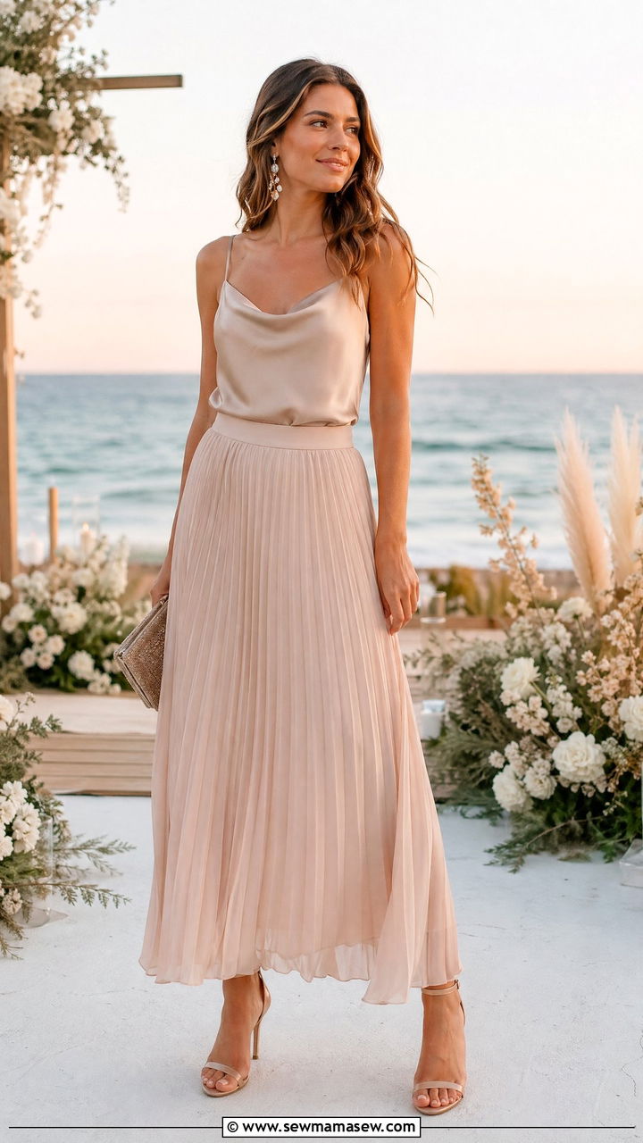Satin Camisole With Chiffon Pleated Maxi Skirt And Heeled Sandals - 35 Dressy casual wedding guest outfit ideas