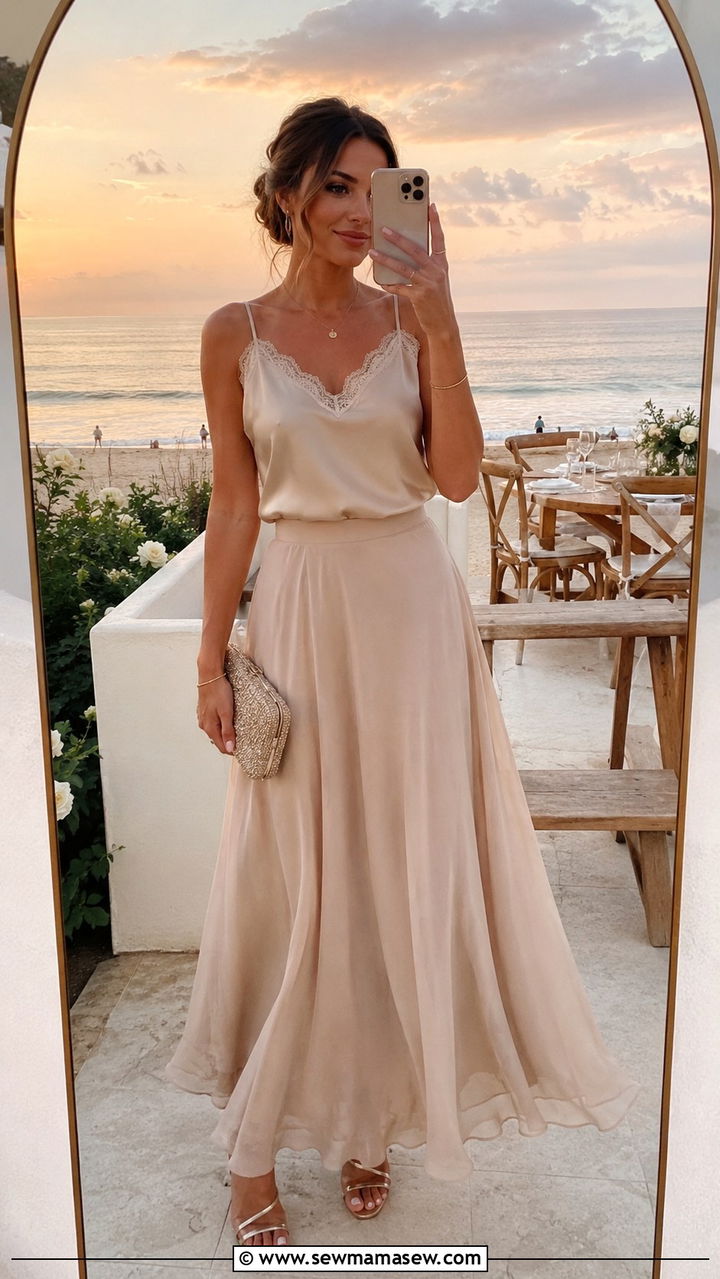 Satin Camisole and Flowing Maxi Skirt - 25 Wedding guest outfit ideas for college girls