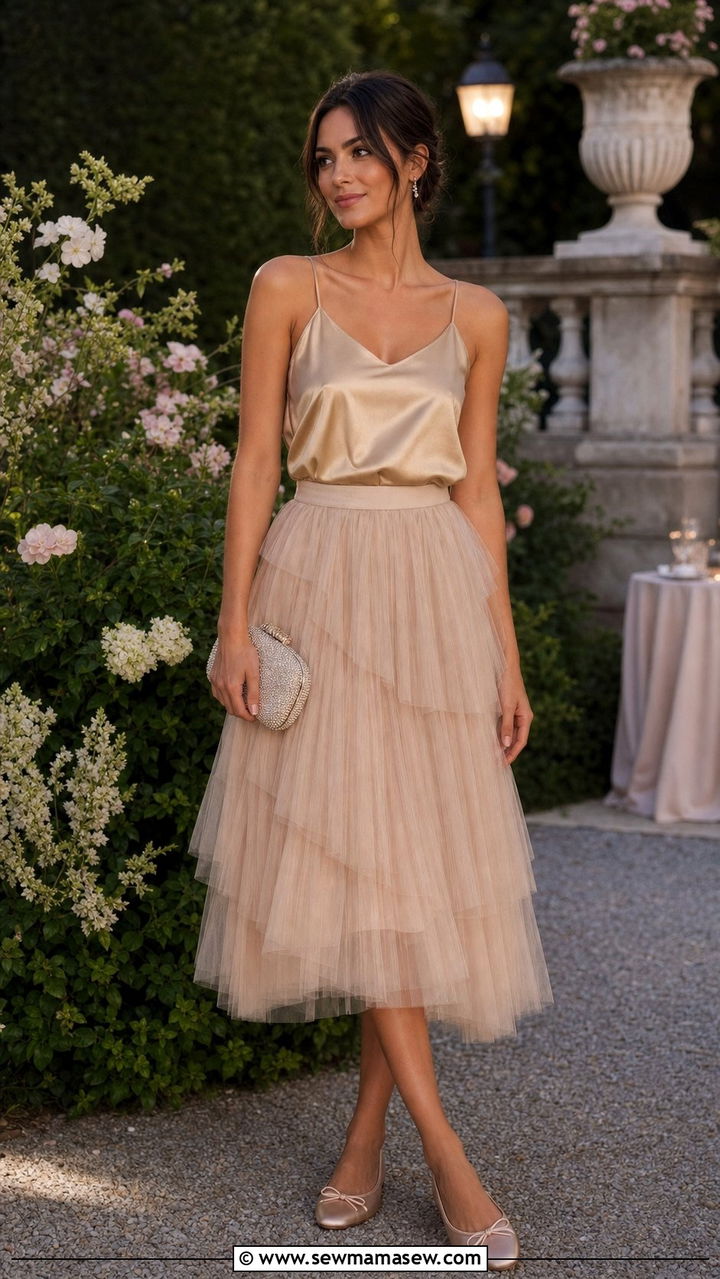 Satin Camisole and Tulle Midi Skirt Outfit - 35 Balletcore summer outfits