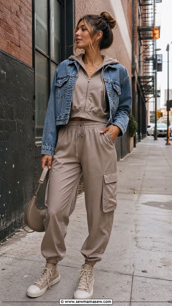 Satin Cargo Jogger Set with Denim Jacket - 30 Luxury loungewear outfit ideas