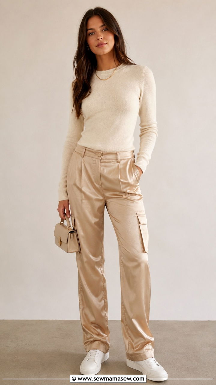 Satin Cargo Pants And Knit Top Outfit - 25 Athleisure outfit ideas 2026