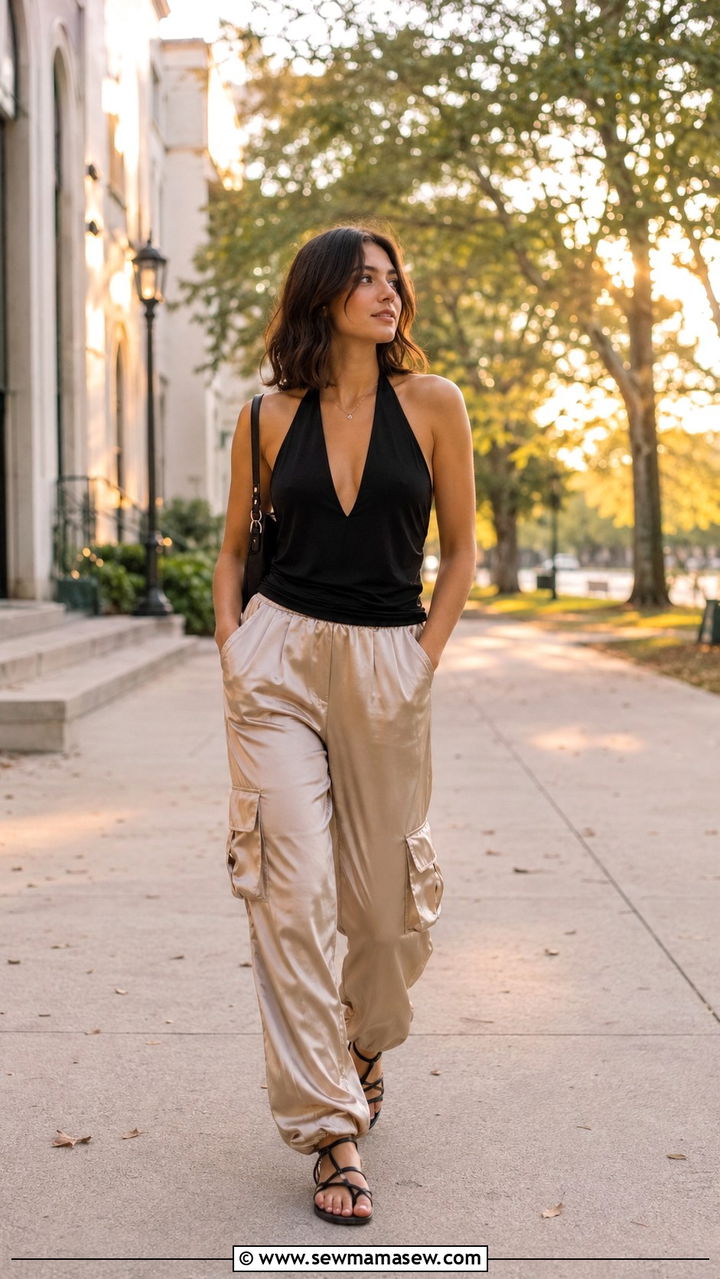 Satin Cargo Pants With A Halter Top And Strappy Sandals - 20 Frat party outfit ideas alternative