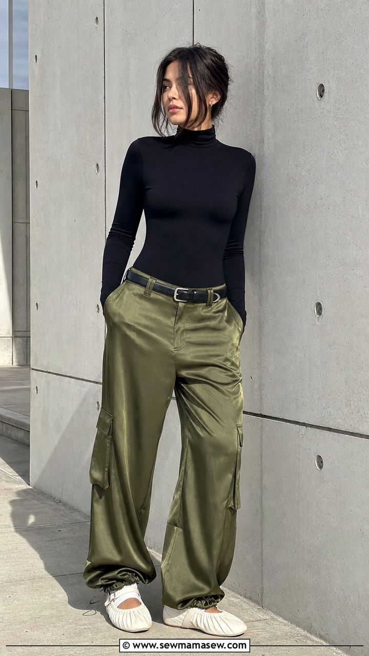 Satin Cargo Pants With Fitted Bodysuit And Slouchy Ballet Sneakers - 25 Sporty chic outfit ideas ballet