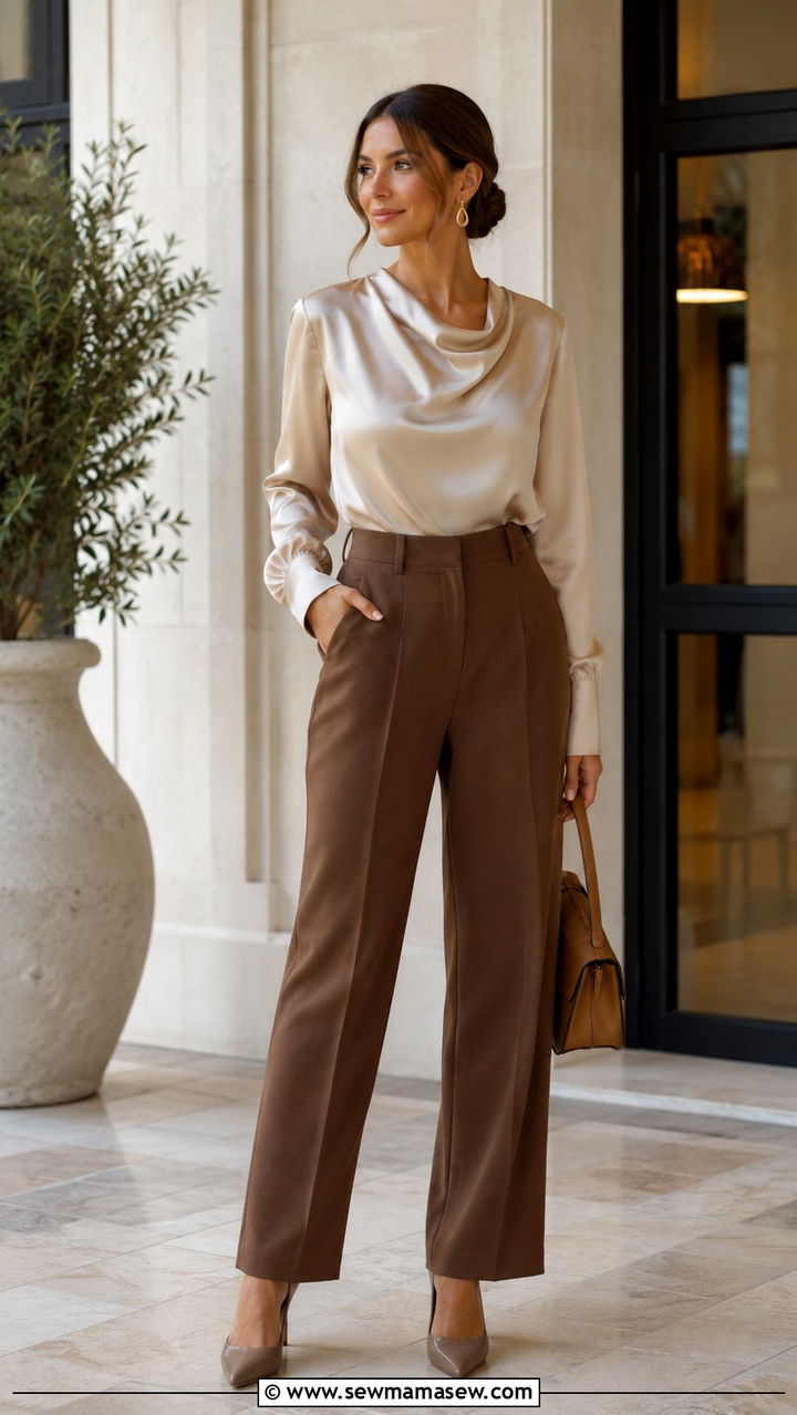 Satin Champagne Blouse With Brown Wool Trousers - 25 Virtual interview outfit ideas