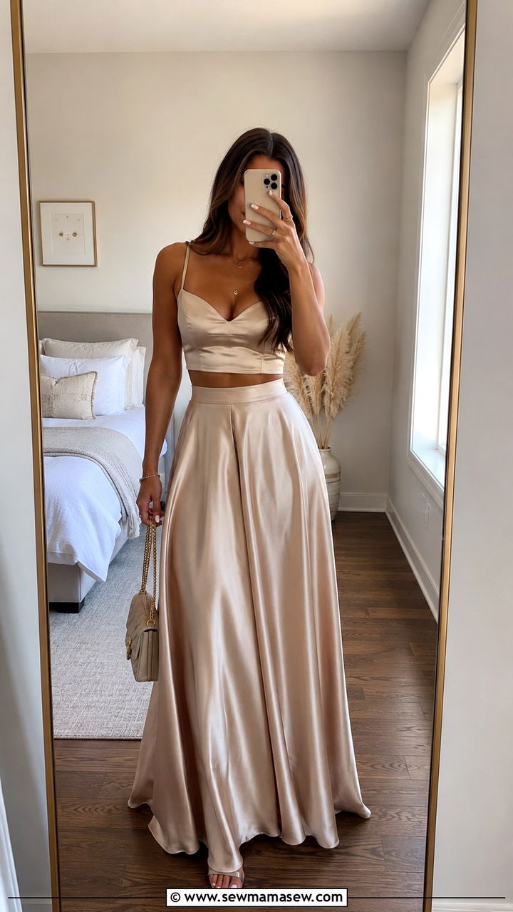Satin Crop Top And Maxi Skirt Set - 25 Wedding guest two piece set outfit ideas