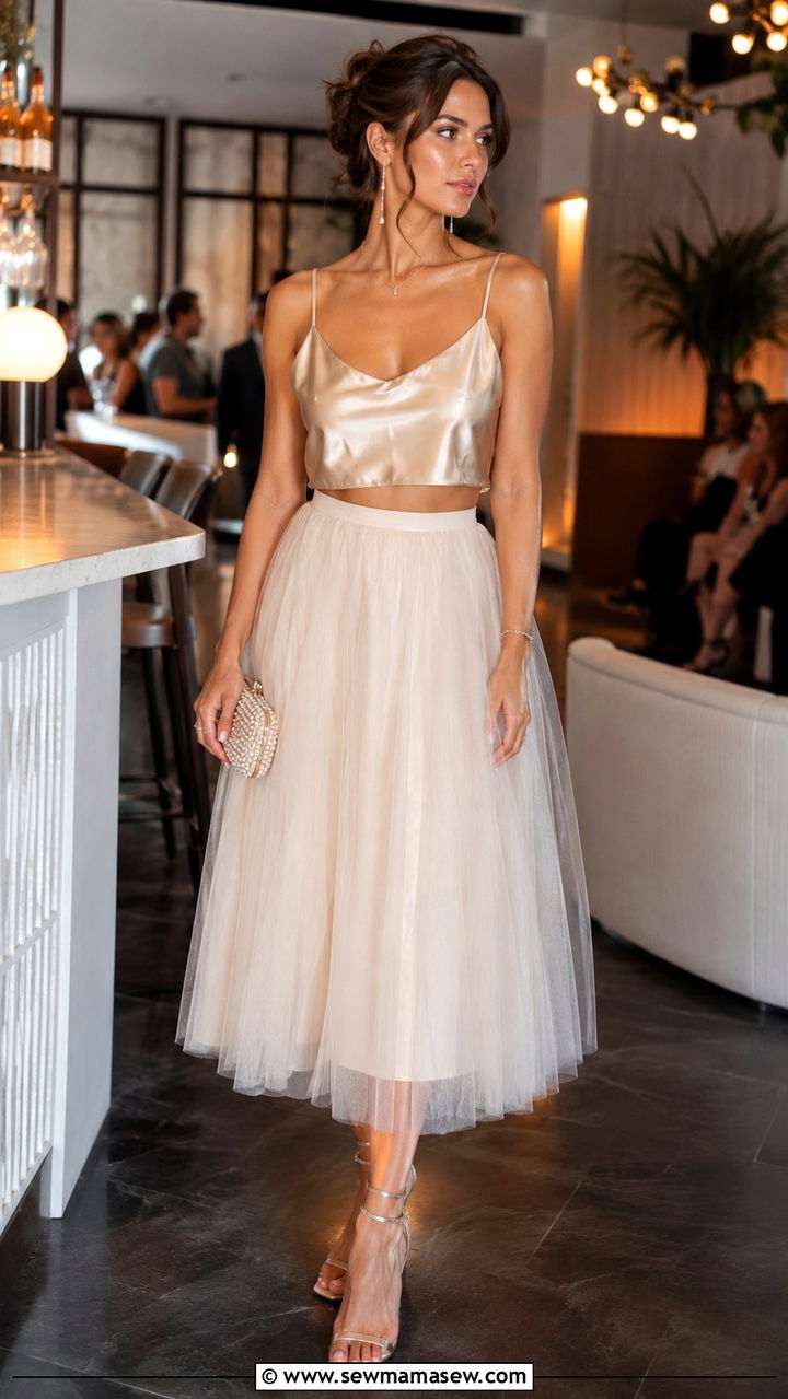 Satin Crop Top with a Tulle Midi Skirt and Heels - 20 Tulle skirt outfit ideas with a crop top