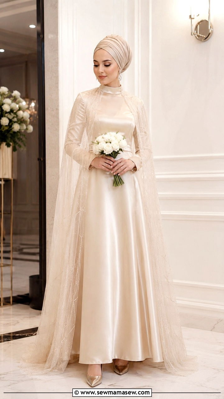 Satin Gown With Cape For Nikkah - 20 Modest outfit ideas for Nikkah