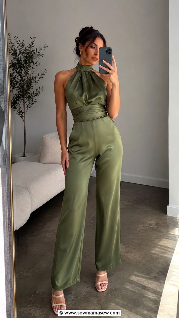 Satin Halter Jumpsuit with Strappy Heels - 30 How to style a jumpsuit for a wedding