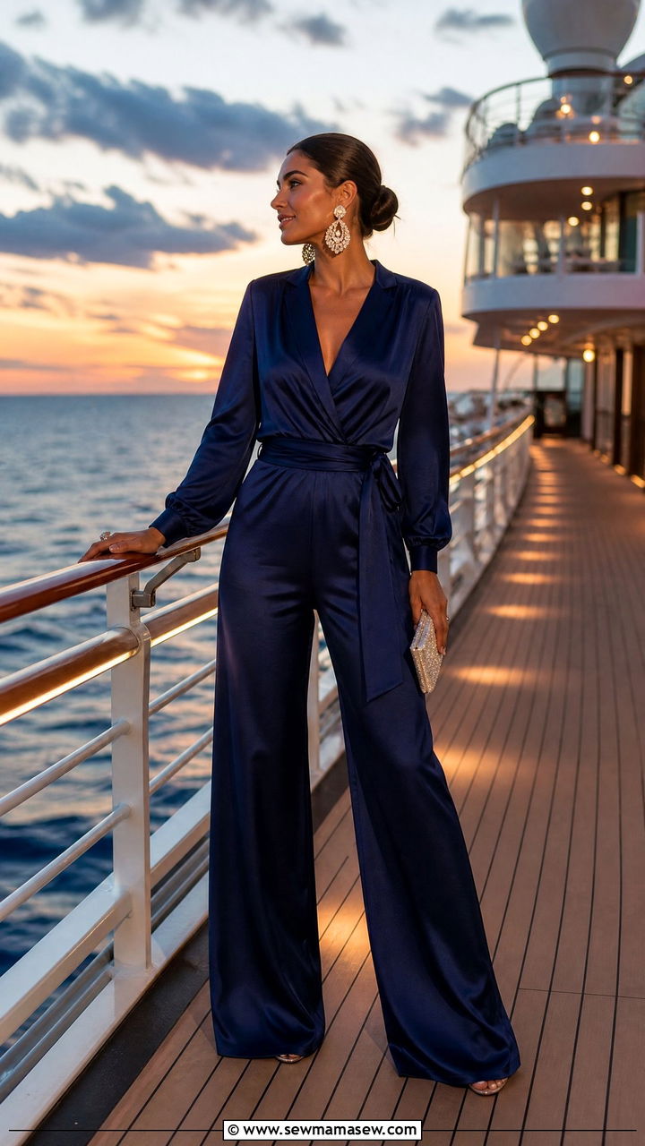 Satin Jumpsuit with Statement Earrings - 30 Cruise formal night outfit ideas