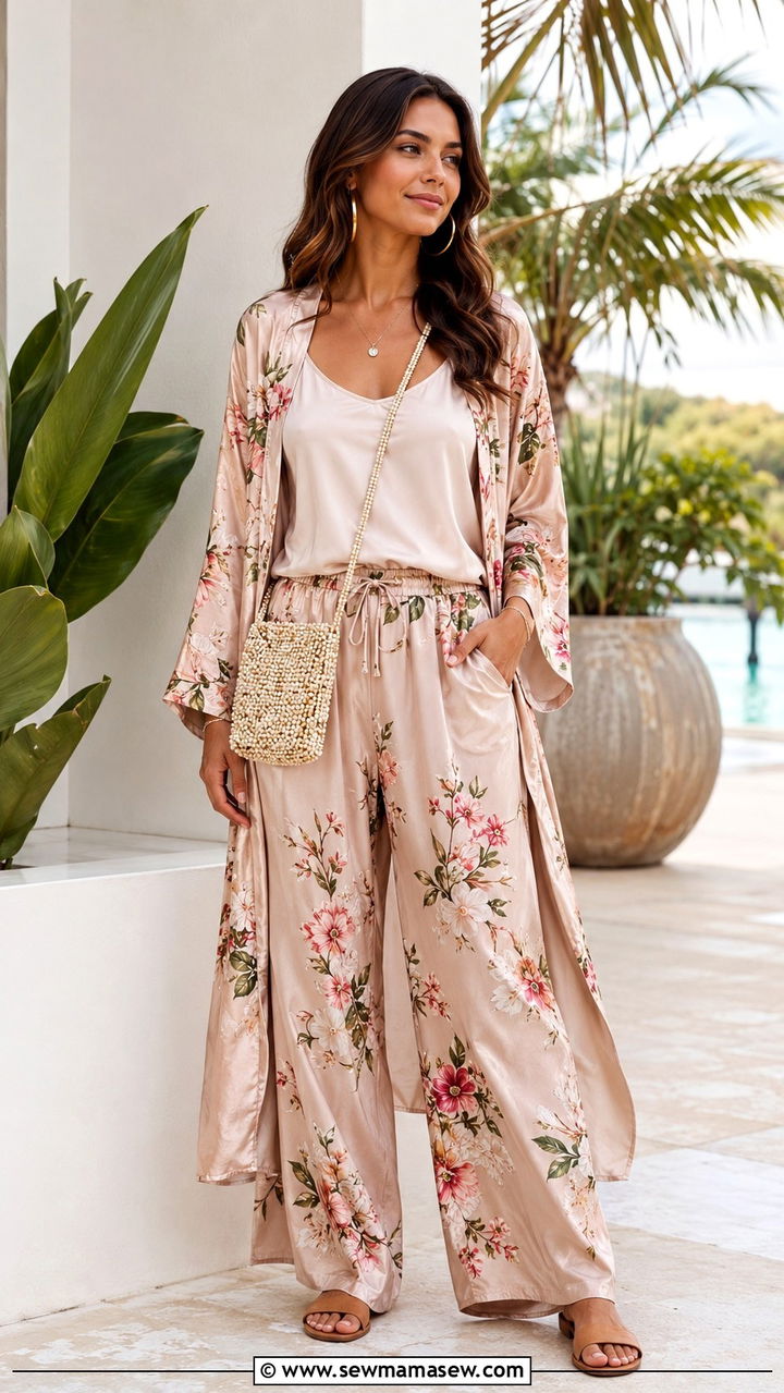 Satin Kimono And Wide Leg Trouser Set - 30 Satin slip matching set outfit ideas