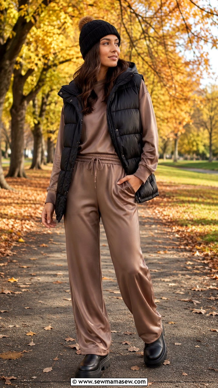 Satin Lounge Set With Puffer Vest - 25 Satin loungewear outfit ideas