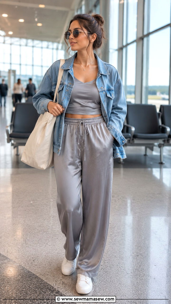 Satin Loungewear Set With Denim Jacket - 25 Satin loungewear outfit ideas