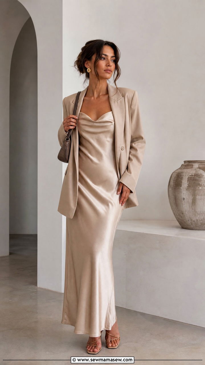 Satin Maxi Dress With Blazer Outfit - 35 maxi dress outfits ideas