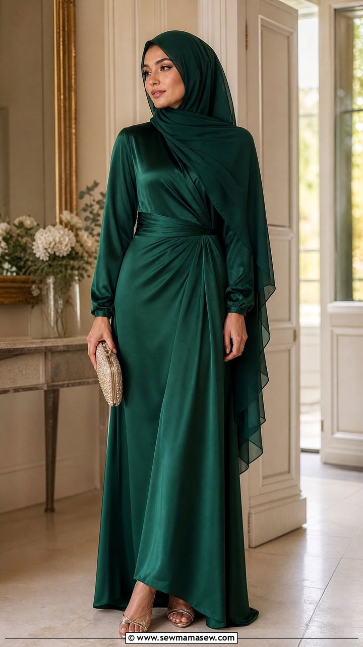 Satin Maxi Dress With Draped Hijab - 30 Eid outfit ideas for hijabis