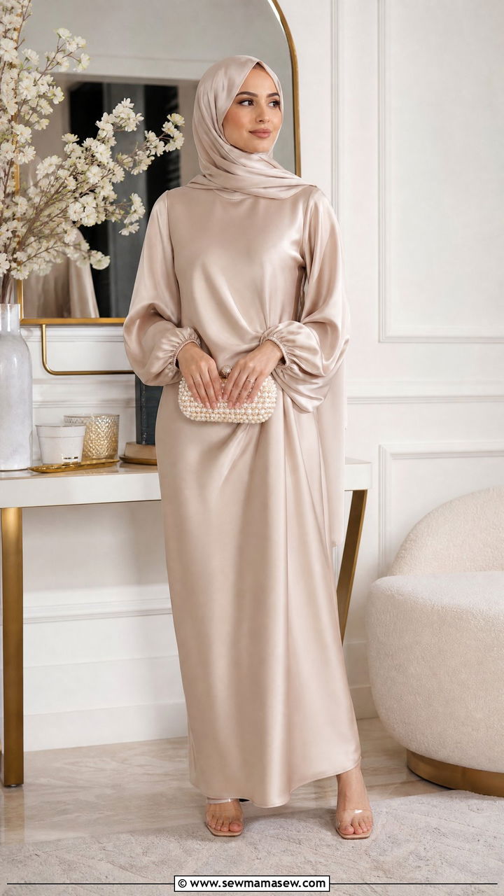 Satin Maxi Dress with Matching Silk Hijab and Heels - 30 Eid outfit ideas with hijab