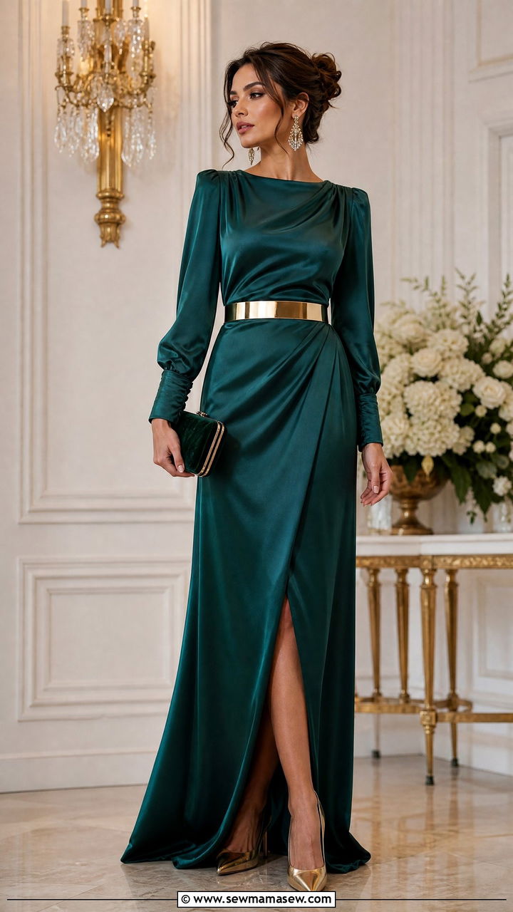 Satin Maxi Dress with Metallic Belt and Pointed Heels - 30 Maxi dress outfit ideas with a belt