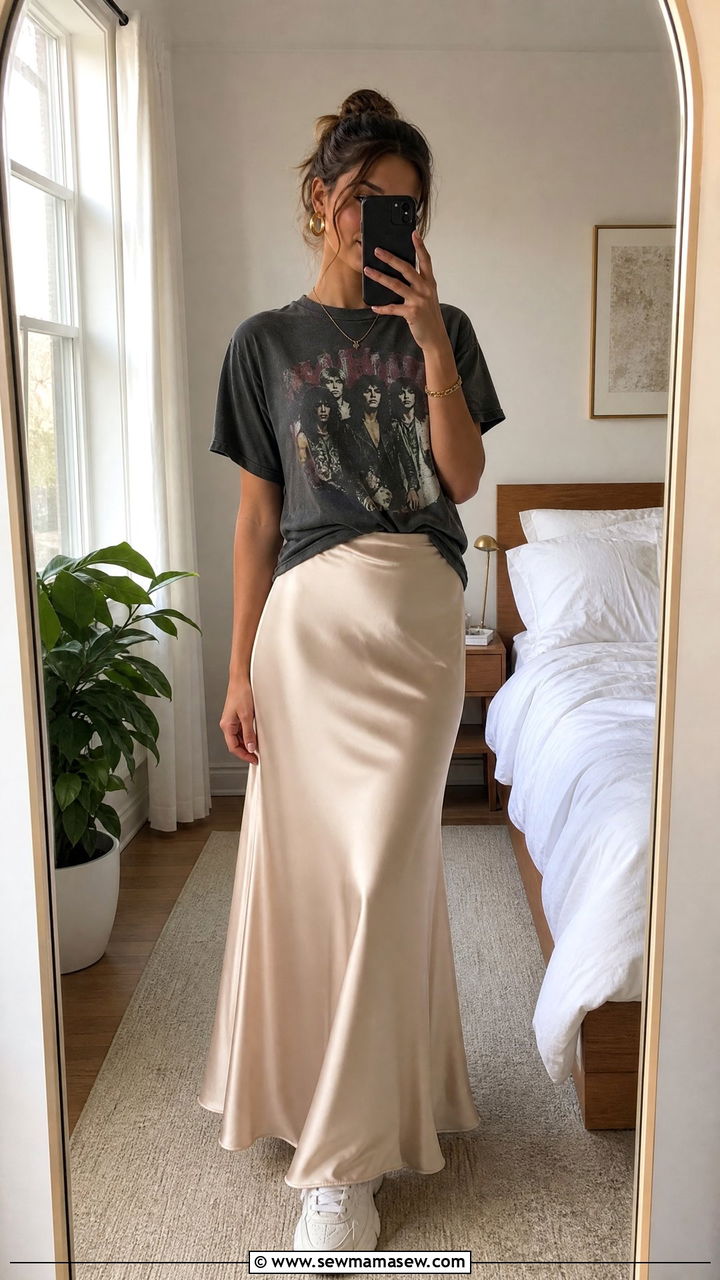 Satin Maxi Skirt And Graphic Tee - 35 maxi skirt outfits inspo