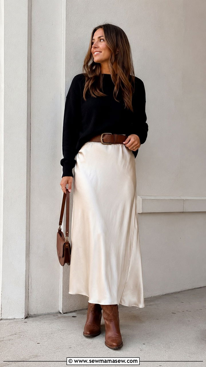 Satin Maxi Skirt With Cowboy Boots Outfit - 30 Maxi skirt outfit ideas with boots