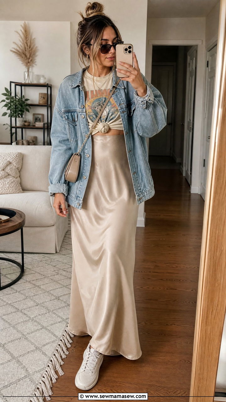 Satin Maxi Skirt With Graphic Tee And Chunky Trainers - 35 maxi skirt outfits aesthetic
