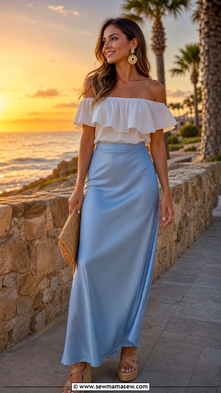 Satin Maxi Skirt With Off The Shoulder Top And Wedges - 25 spring satin skirt outfit ideas
