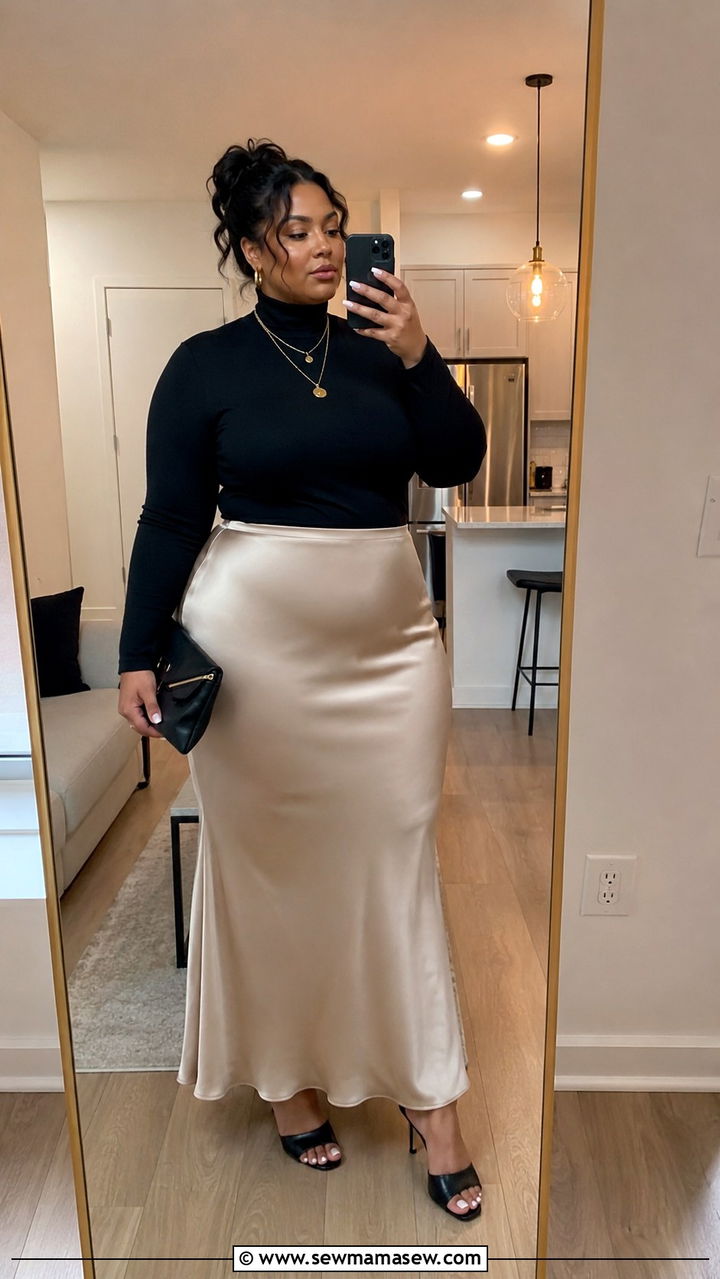 Satin Maxi Skirt with Fitted Knit Top - 30 plus size dinner outfit ideas