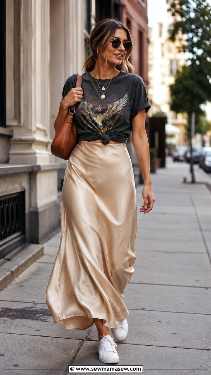 Satin Maxi Skirt with Graphic Tee - 30 classy maxi skirt outfits