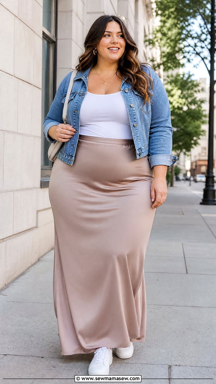 Satin Maxi Skirt with Sneakers Outfit - 25 Maxi skirt outfit ideas plus size
