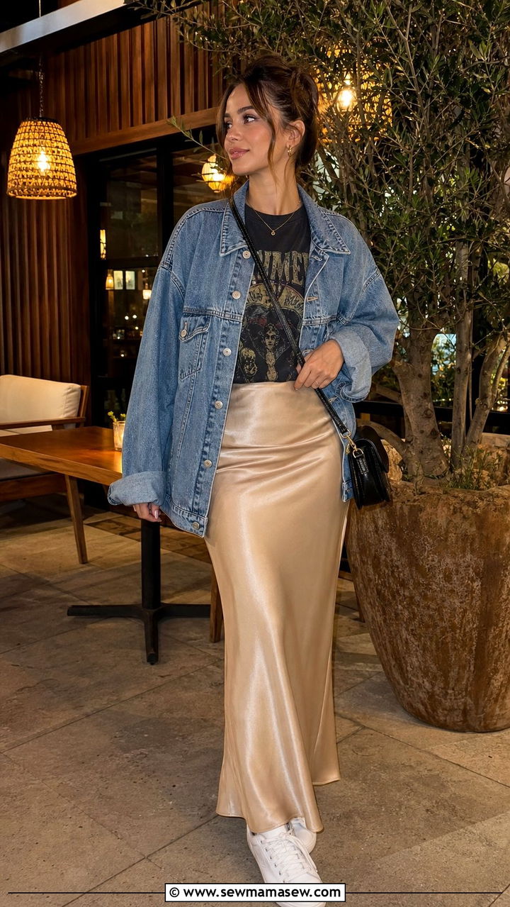 Satin Maxi Skirt with a Graphic Tee and Denim Jacket - 35 casual dinner outfits