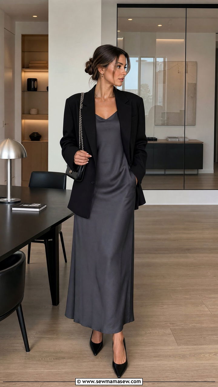 Satin Maxi Slip Dress With Oversized Blazer - 30 Maxi dress for work outfit ideas