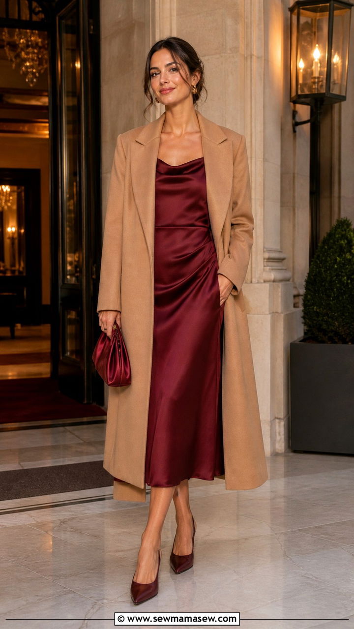 Satin Midi Dress With Long Coat - 40 old money outfits for women