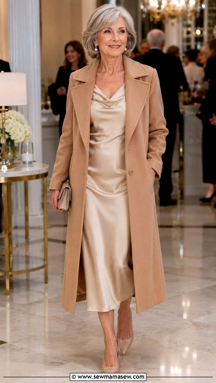 Satin Midi Dress With Longline Coat - 30 Party outfits for women over 60