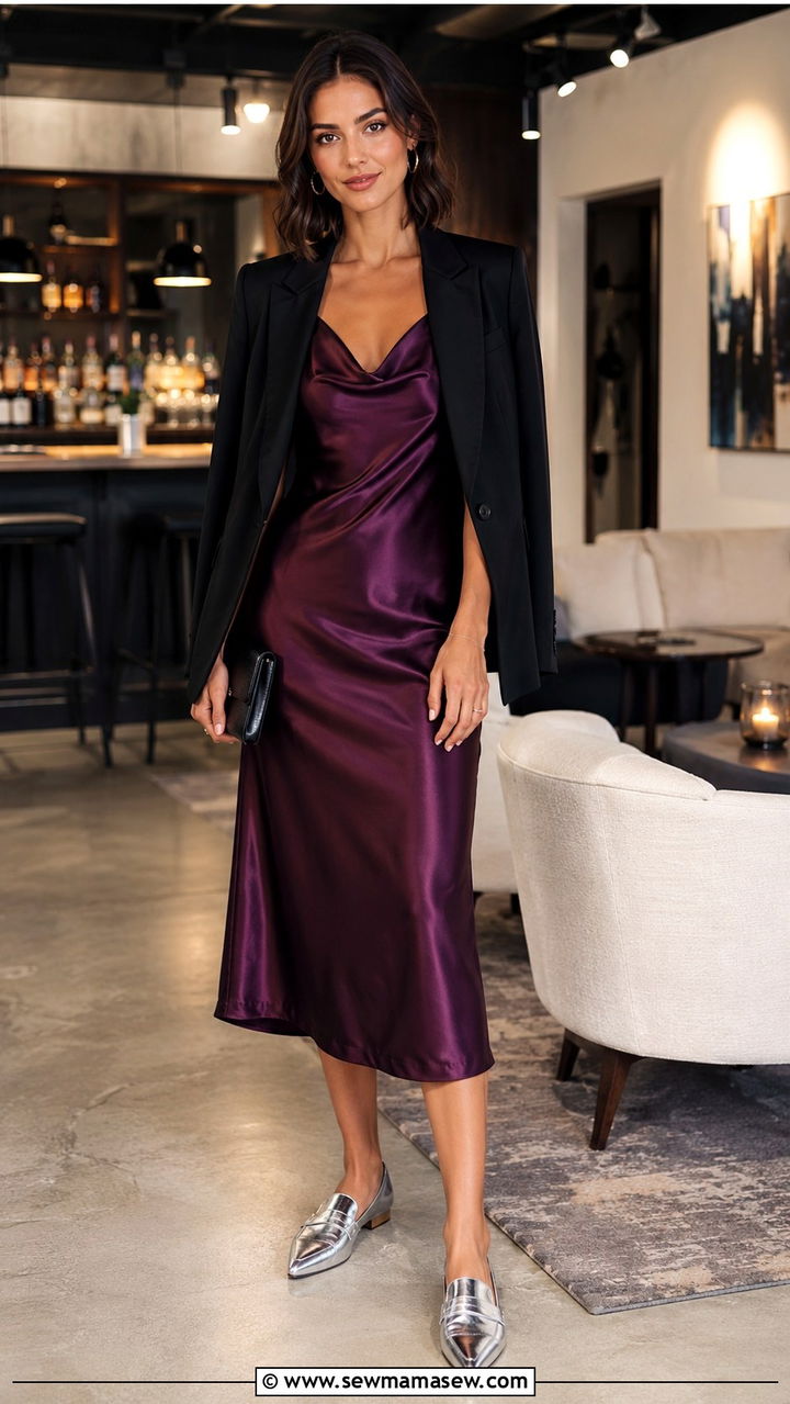 Satin Midi Dress and Metallic Loafers - 25 Midi dress with loafers outfit ideas