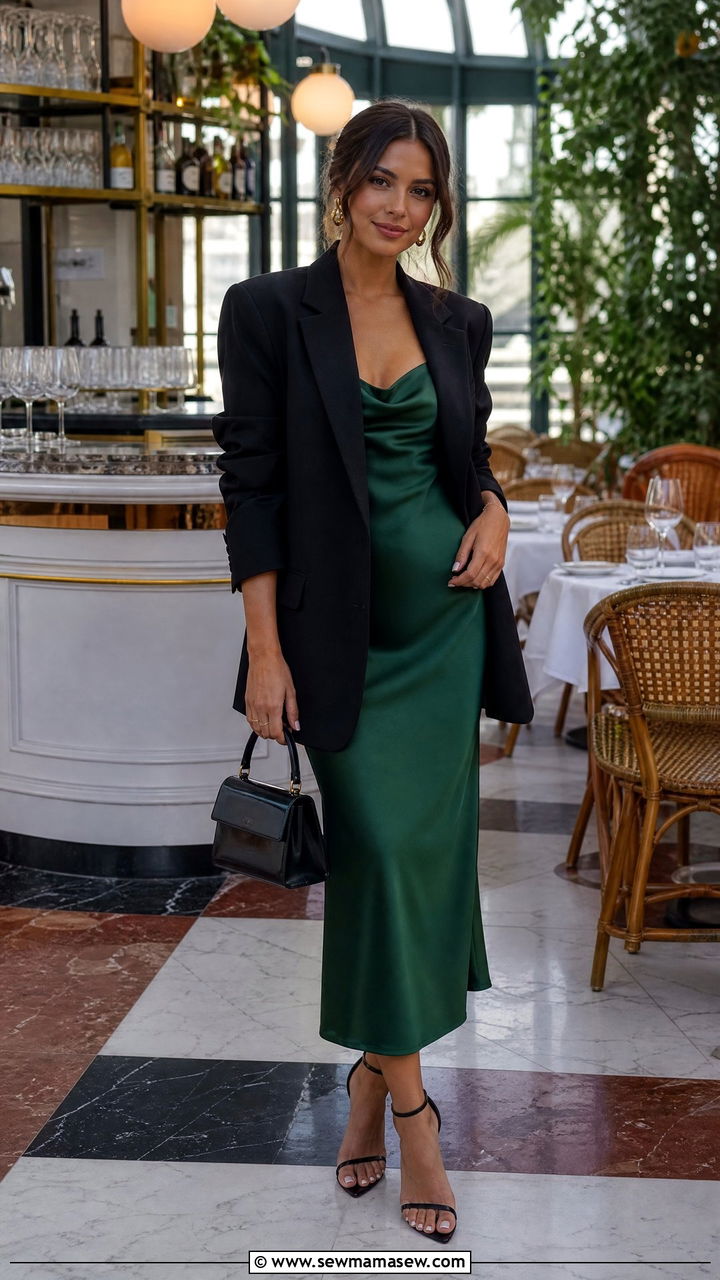 Satin Midi Dress with Blazer and Strappy Heels - 25 Chicago brunch outfit ideas