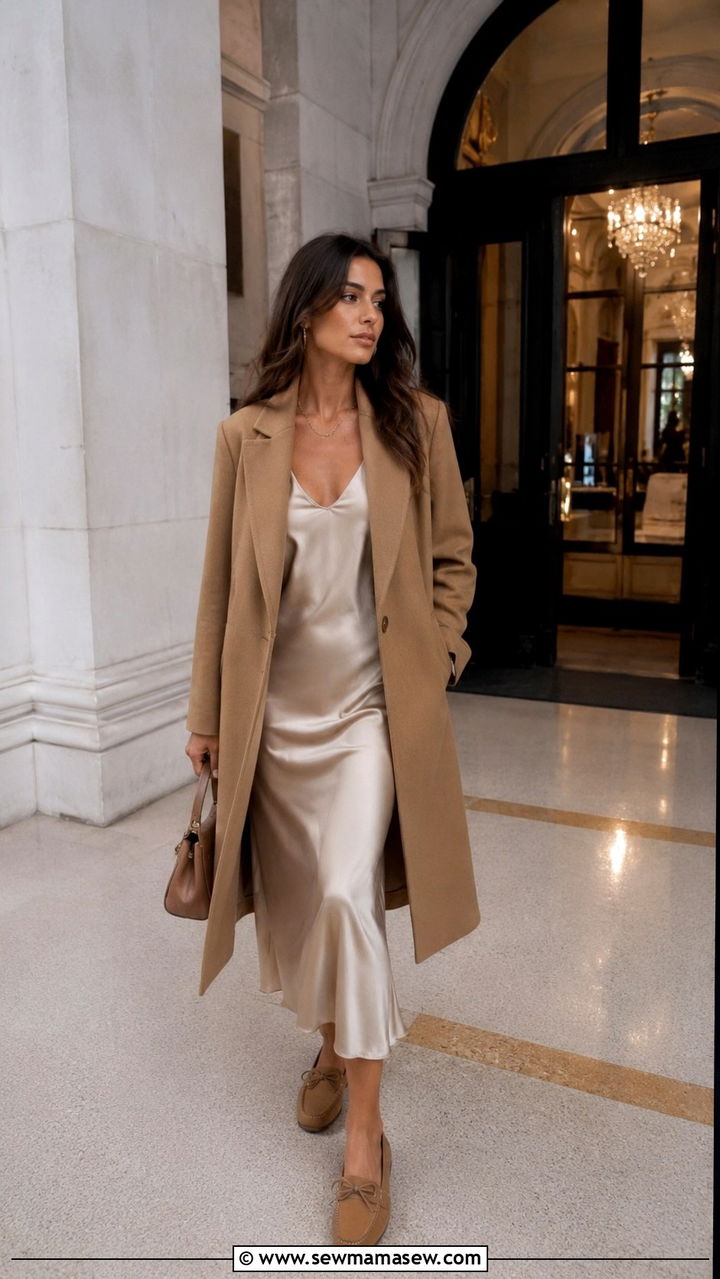 Satin Midi Dress with Long Wool Coat - 25 Old money outfit ideas with driving loafers