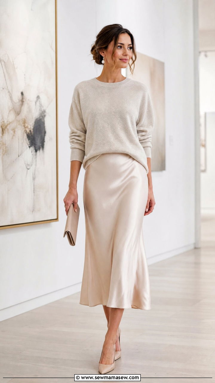 Satin Midi Skirt And Cashmere Sweater - 35 Minimalist outfit ideas for work