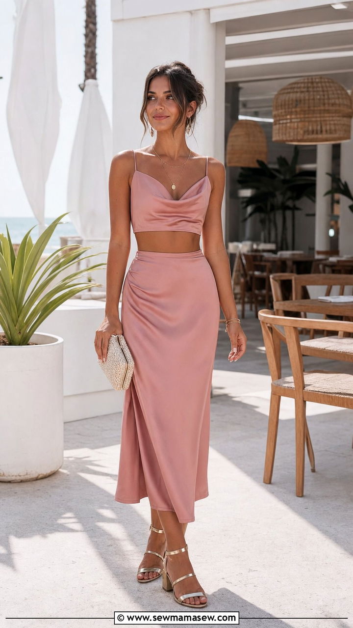 Satin Midi Skirt And Coordinating Crop Top Set - 35 Beach wedding guest outfit ideas