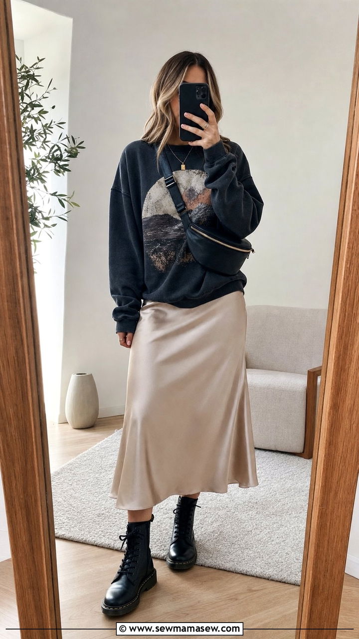 Satin Midi Skirt And Graphic Sweatshirt With Combat Boots - 25 Spring outfits with combat boots