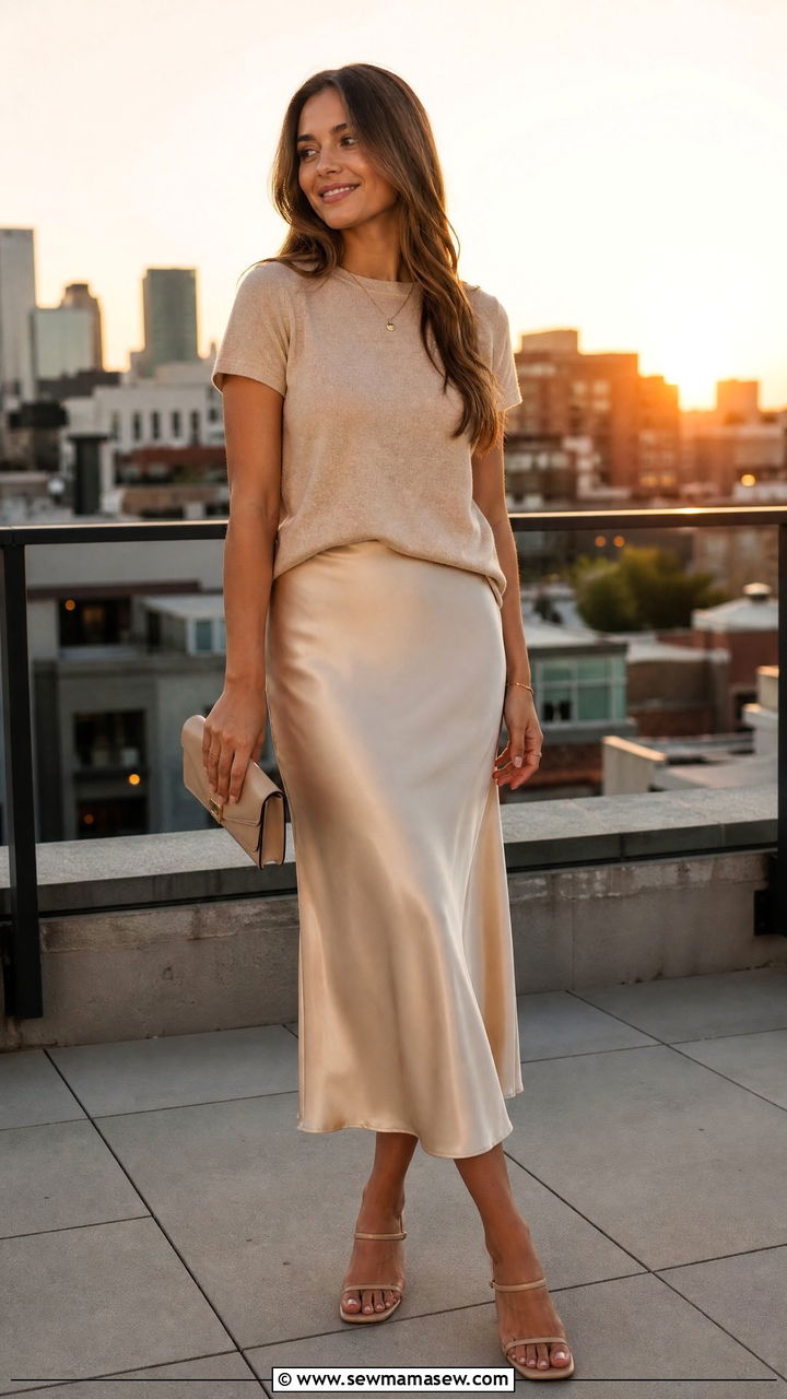 Satin Midi Skirt And Lightweight Knit Top - 20 Summer outfits for 75 degree weather