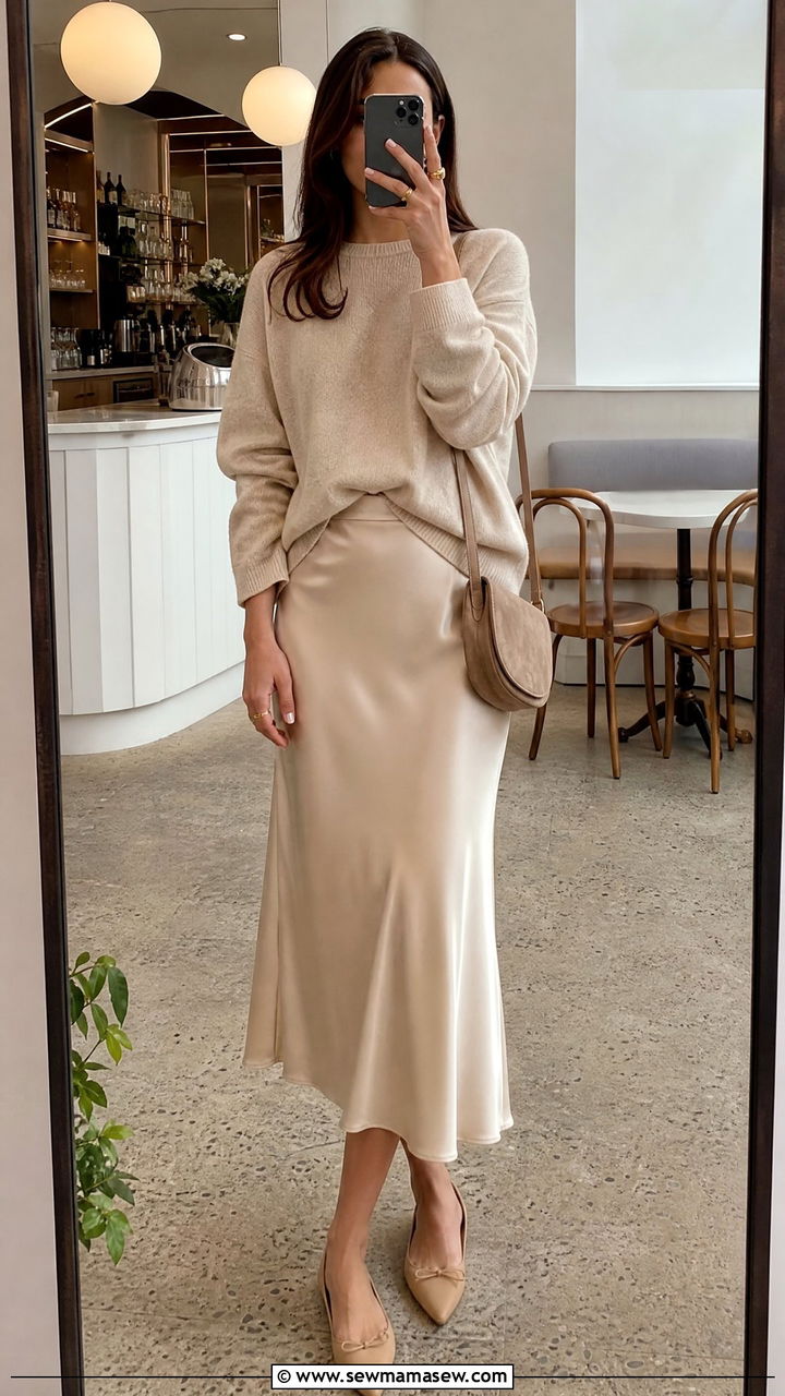 Satin Midi Skirt Outfit With Sweater - 30 fashion inspo outfits