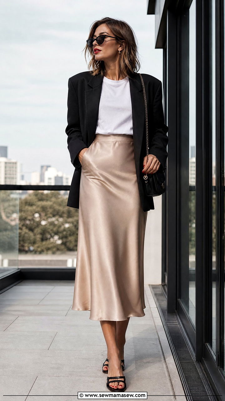 Satin Midi Skirt Oversized Blazer Red Lip - 25 French girl outfit ideas with red lipstick