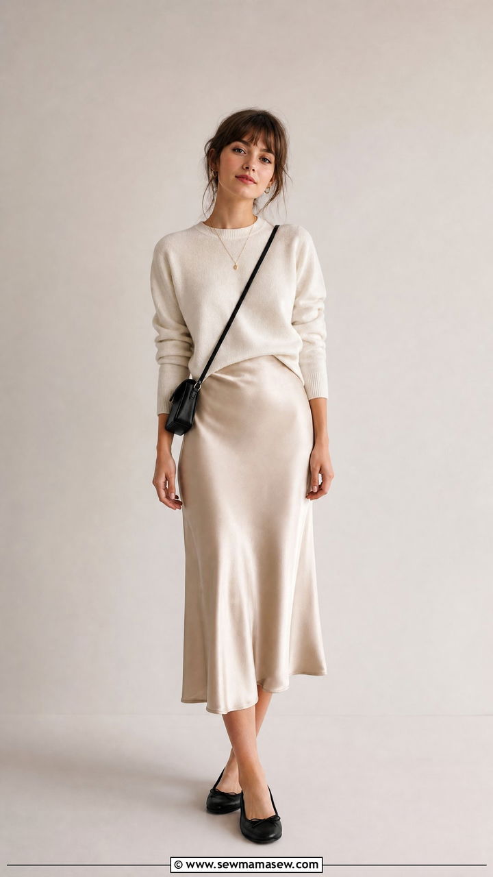 Satin Midi Skirt With A Cotton Sweater and Ballet Flats - 30 French girl outfit ideas petite
