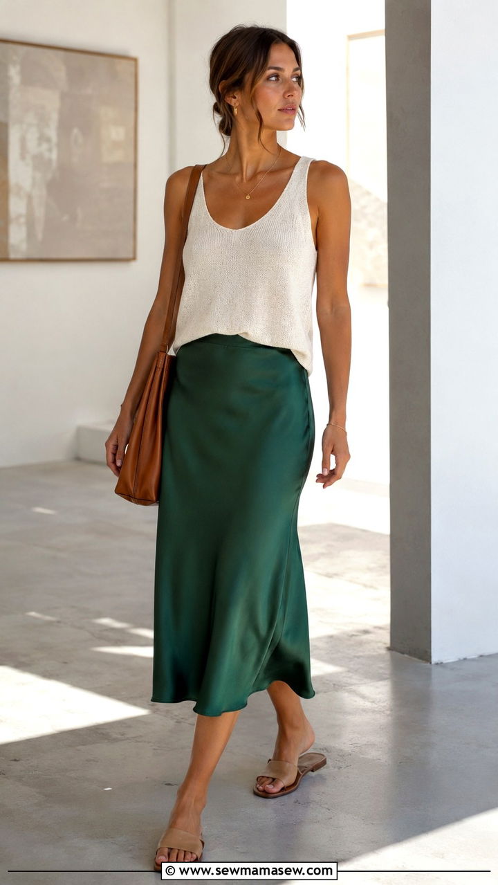 Satin Midi Skirt With A Knit Tank And Minimalist Slides - 30 slide sandals outfit ideas