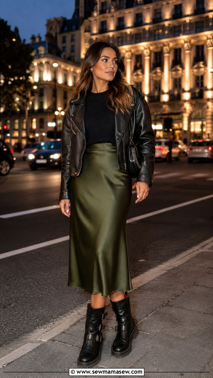 Satin Midi Skirt With Biker Boots - 30 Midi skirt outfit ideas with boots