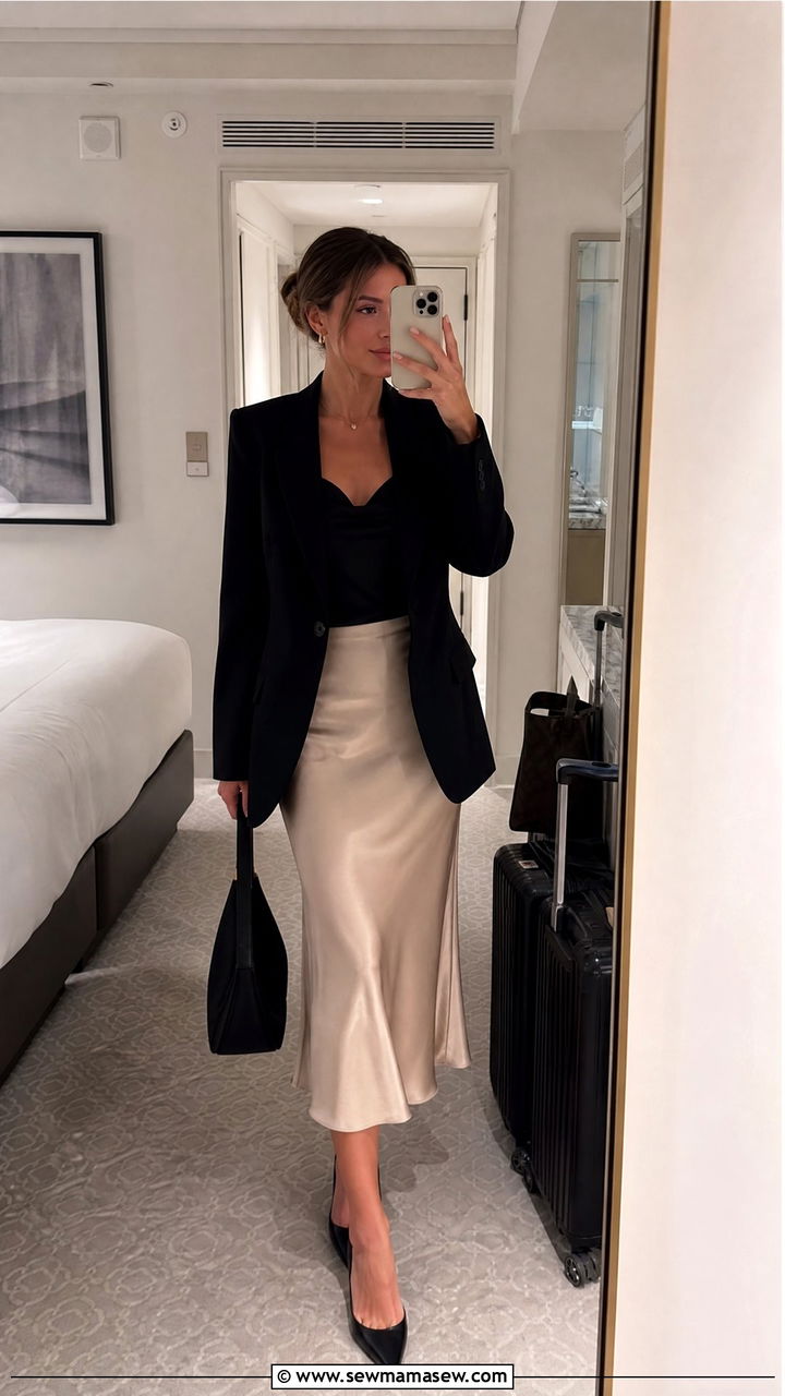 Satin Midi Skirt With Blazer and Heels - 25 How to style a midi skirt for travel
