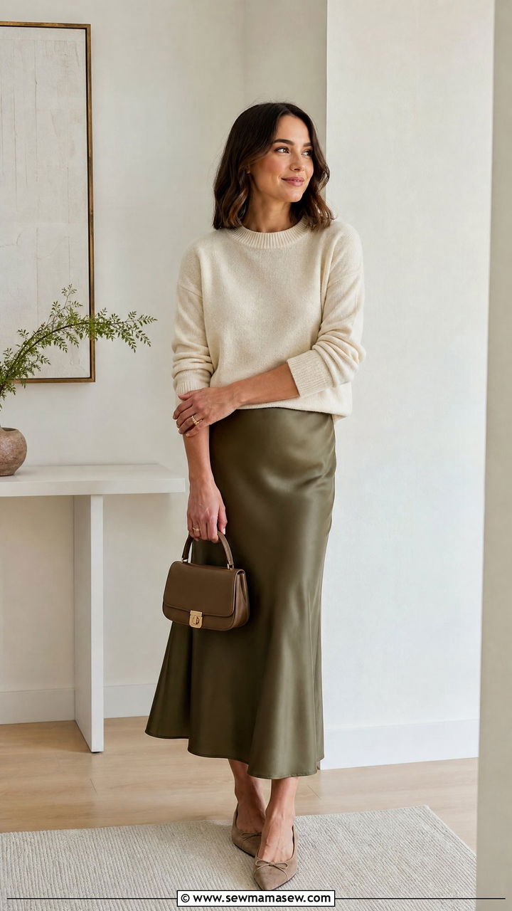 Satin Midi Skirt With Cashmere Sweater Outfit - 30 classy transitional outfits