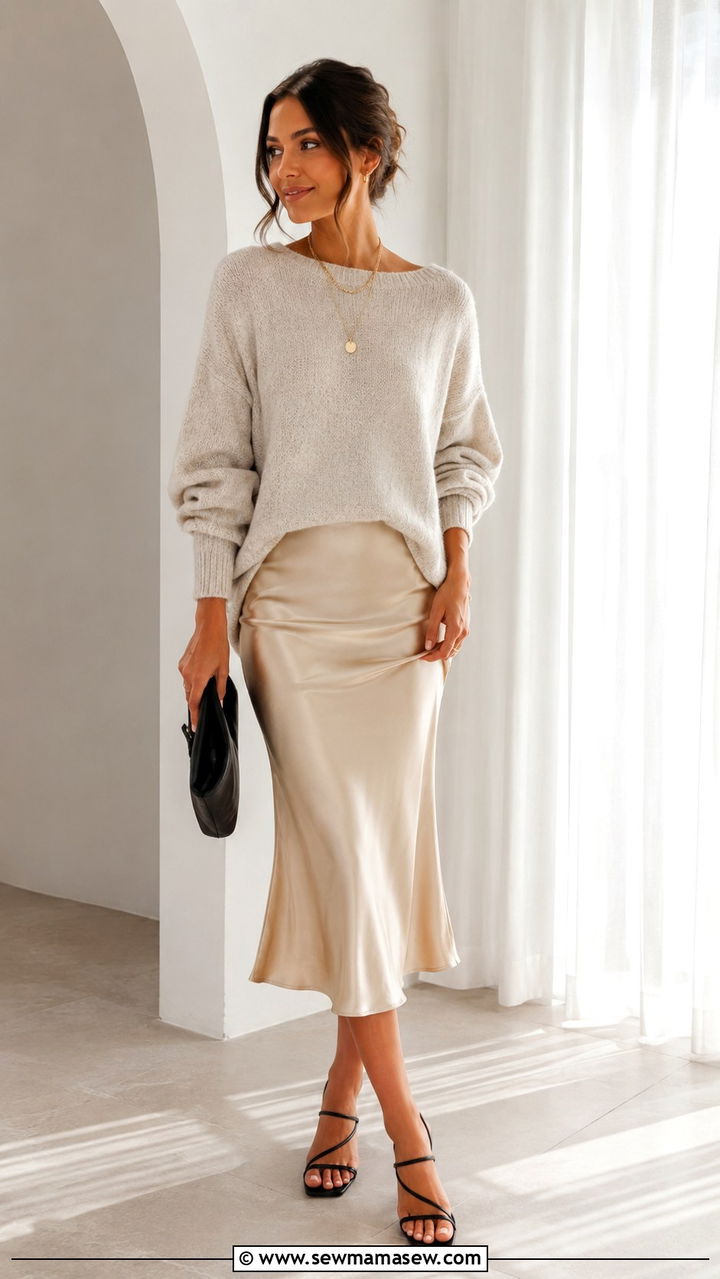 Satin Midi Skirt With Chunky Knit Sweater And Strappy Sandals Outfit - 30 casual glamoratti outfits
