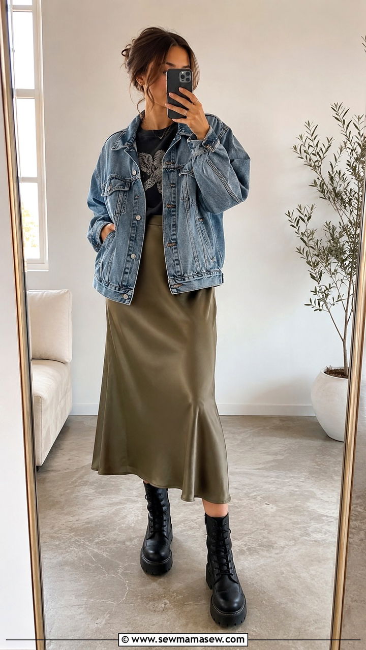 Satin Midi Skirt With Combat Boots - 30 Midi skirt outfit ideas with boots
