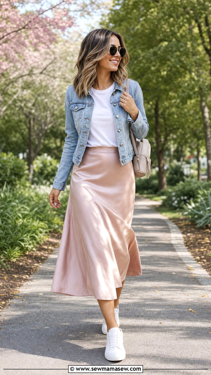 Satin Midi Skirt With Denim Jacket And White Sneakers - 25 spring satin skirt outfit ideas