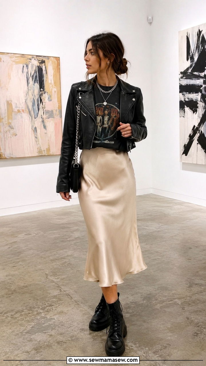 Satin Midi Skirt With Graphic Tee And Leather Jacket - 30 spring museum day outfit ideas