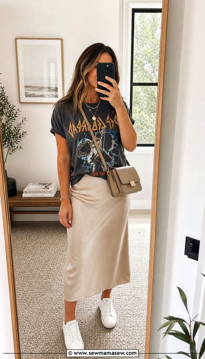 Satin Midi Skirt With Graphic Tee Outfit - 25 Spring outfit templates